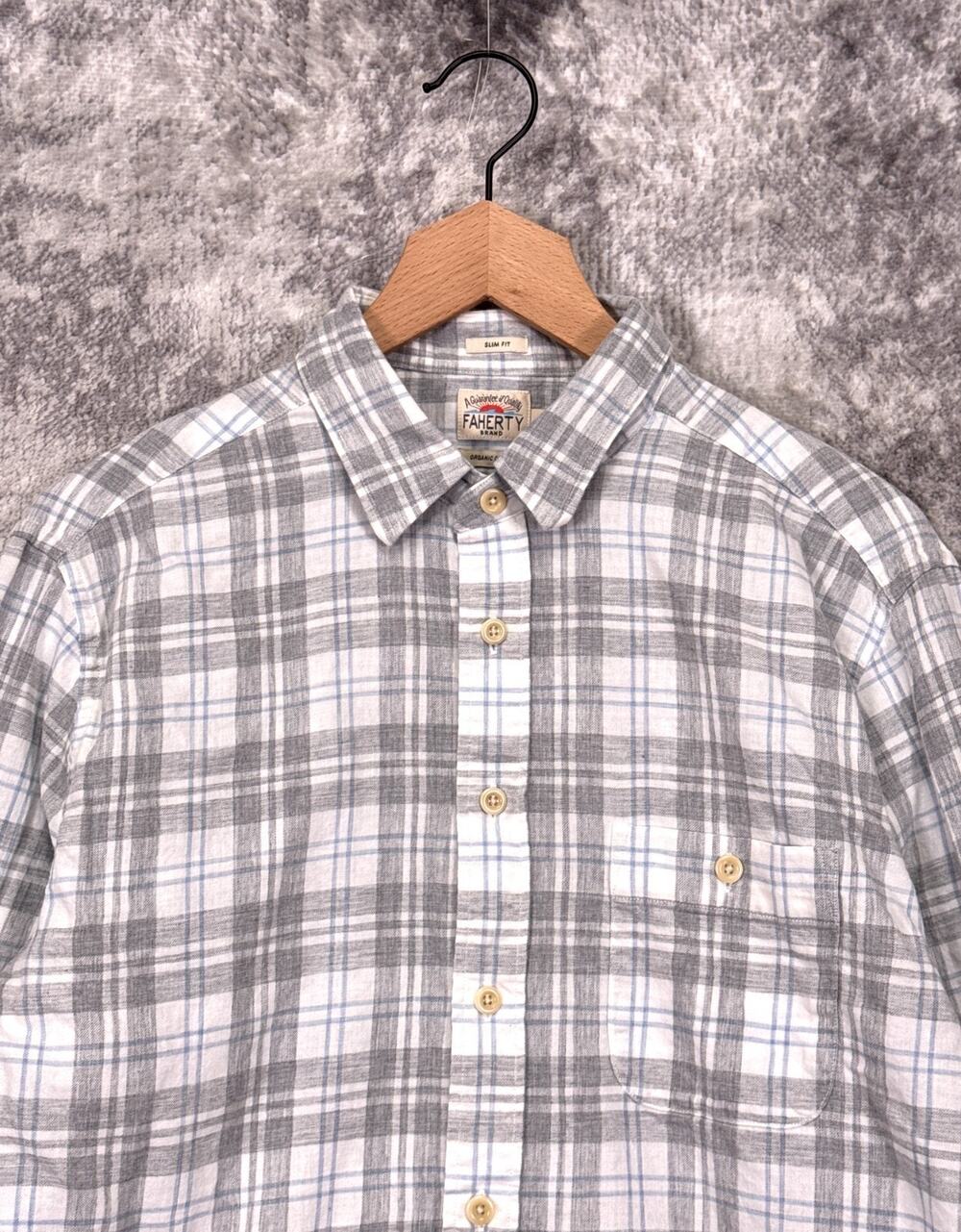 Faherty Flannel Shirt Large Mens Slim Fit Gray Plaid Organic Cotton